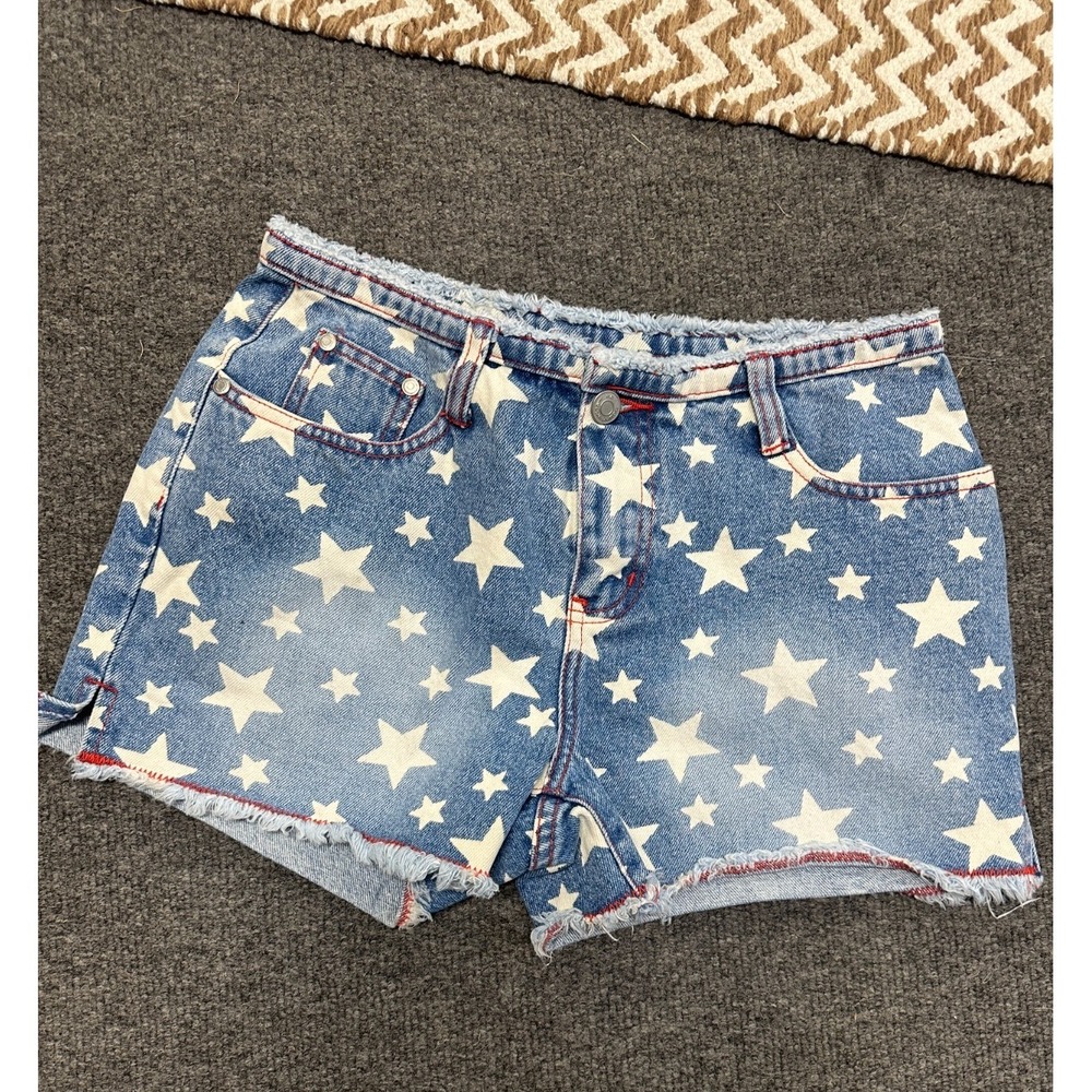 Y2K No Boundaries Jean Shorts Womens Size 3 Blue Denim Star‎ Pattern Fringe USA